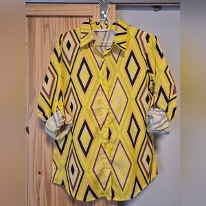 Women's Yellow Geometric Button-Up Shirt